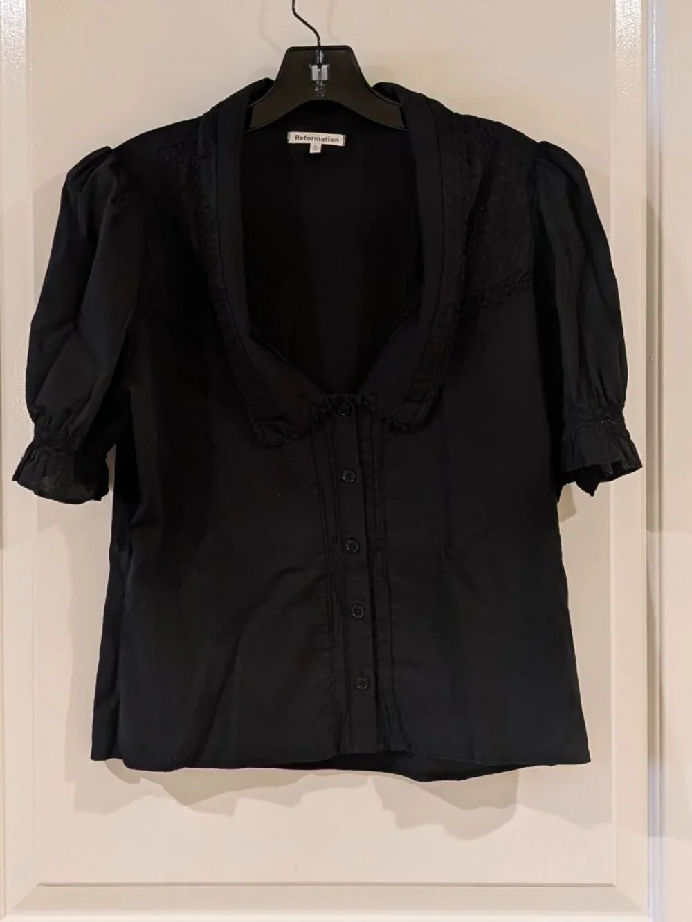 Reformation Black Puff Sleeve Pintuck Ruffle Blouse L